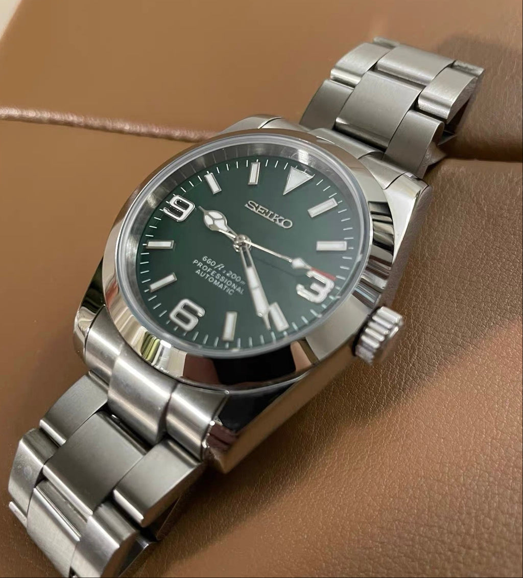 Custom Modified Seiko Explorer-Style Automatic Watch 36mm Green Dial NH35 Luminous 234-0380