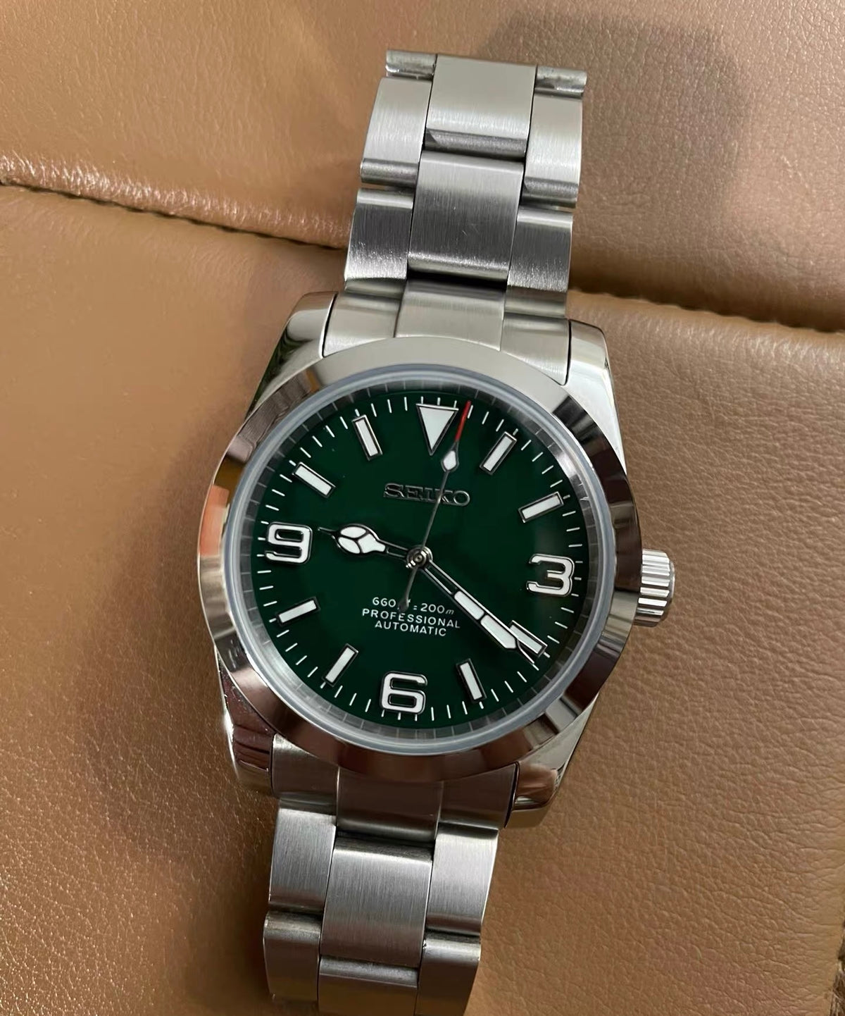 Custom Modified Seiko Explorer-Style Automatic Watch 36mm Green Dial NH35 Luminous 234-0380