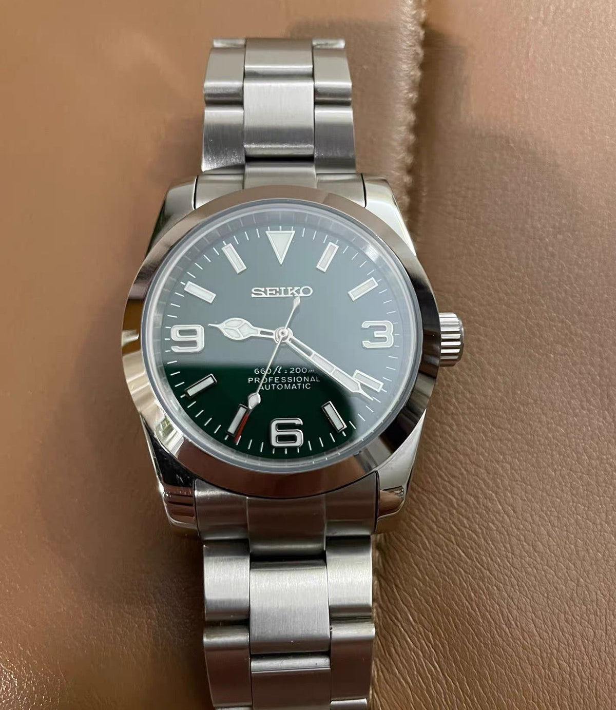 Custom Modified Seiko Explorer-Style Automatic Watch 36mm Green Dial NH35 Luminous 234-0380