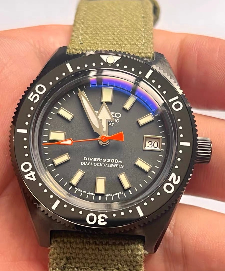 Custom Modified Seiko Automatic Watch 40mm Original Seiko NH35A Movement Black Dial Green Canvas Strap 353-0630