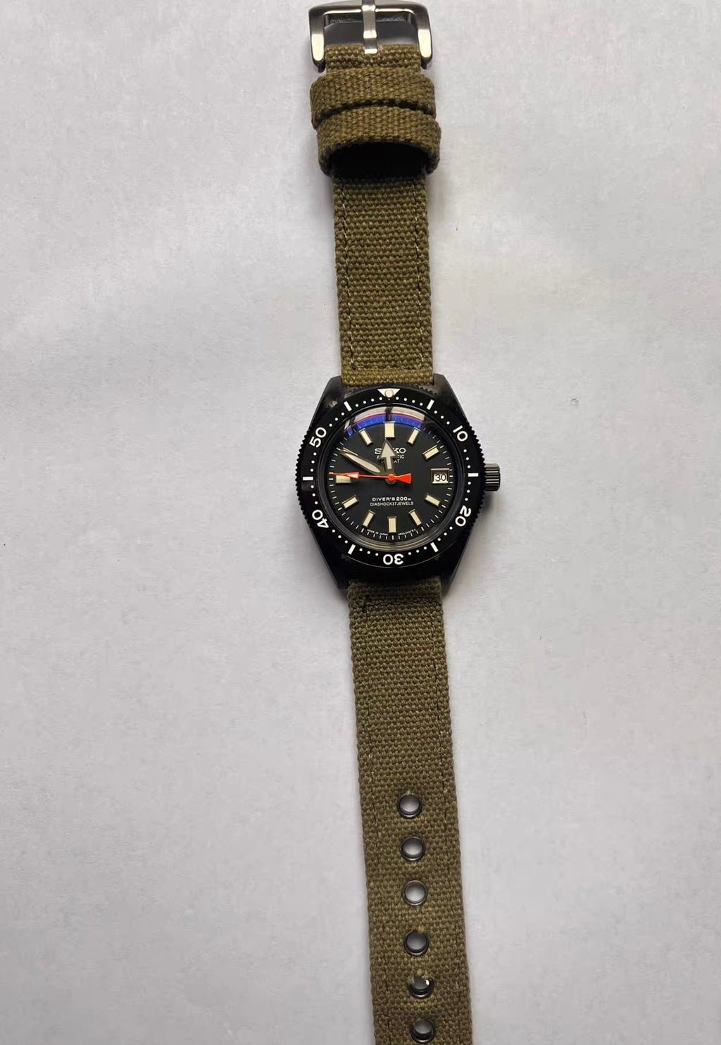 Custom Modified Seiko Automatic Watch 40mm Original Seiko NH35A Movement Black Dial Green Canvas Strap 353-0630