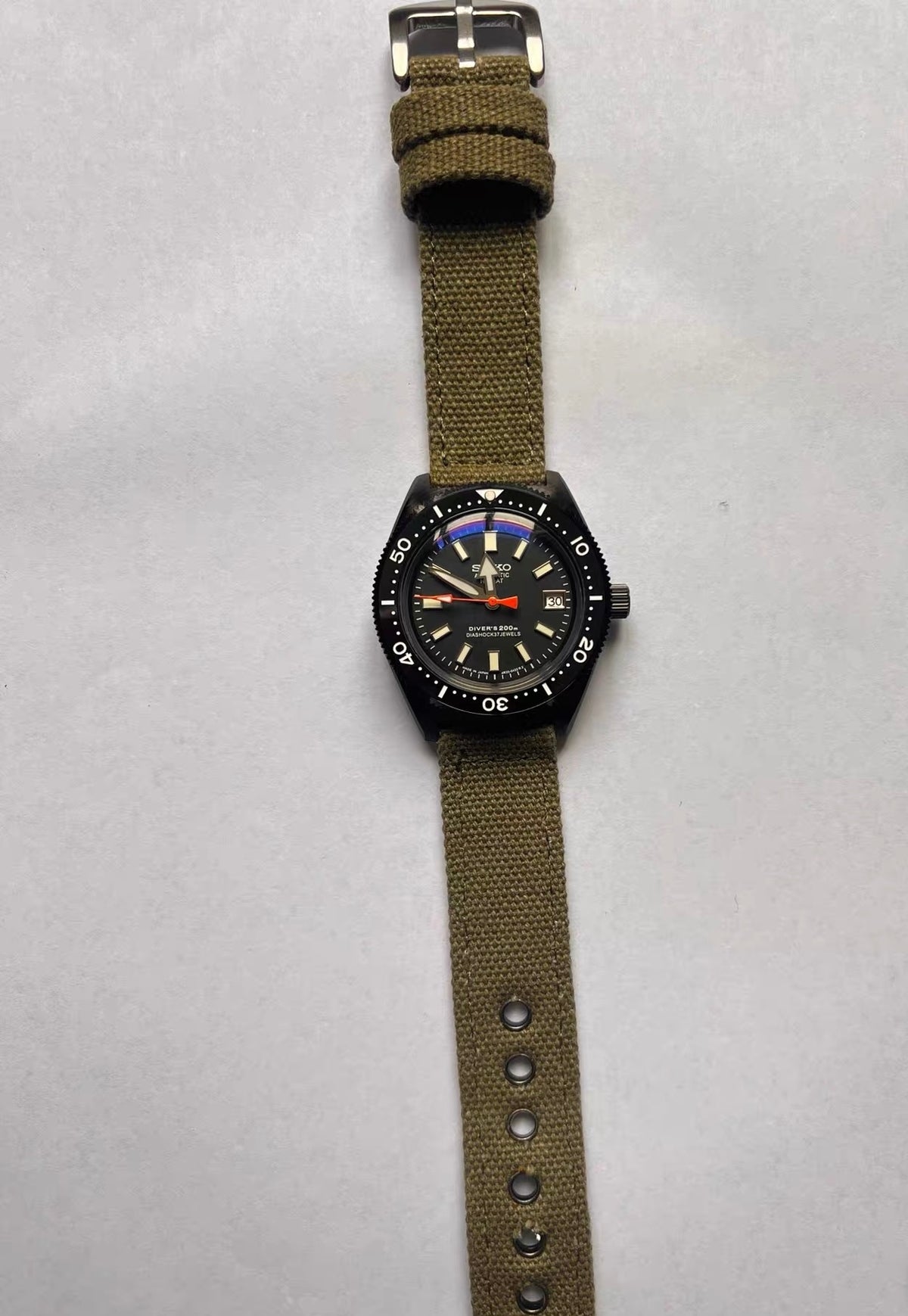 Custom Modified Seiko Automatic Watch 40mm Original Seiko NH35A Movement Black Dial Green Canvas Strap 353-0630
