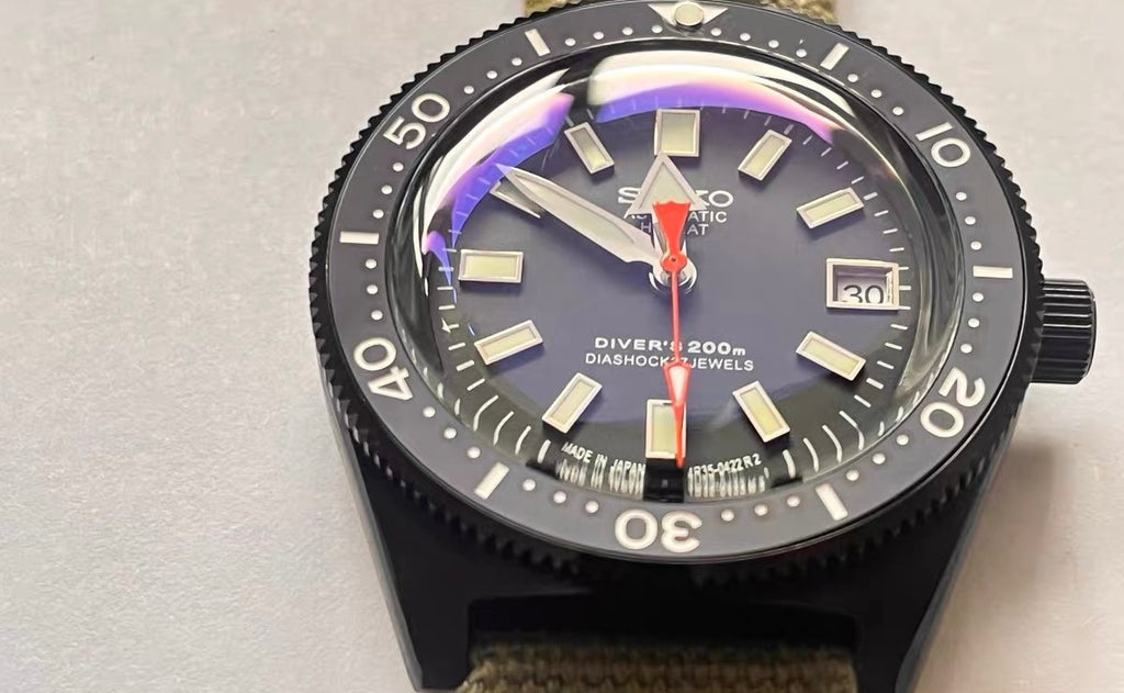 Custom Modified Seiko Automatic Watch 40mm Original Seiko NH35A Movement Black Dial Green Canvas Strap 353-0630