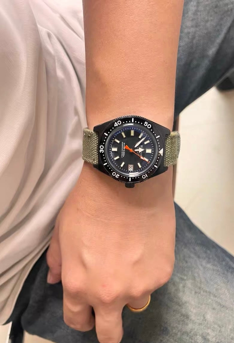 Custom Modified Seiko Automatic Watch 40mm Original Seiko NH35A Movement Black Dial Green Canvas Strap 353-0630
