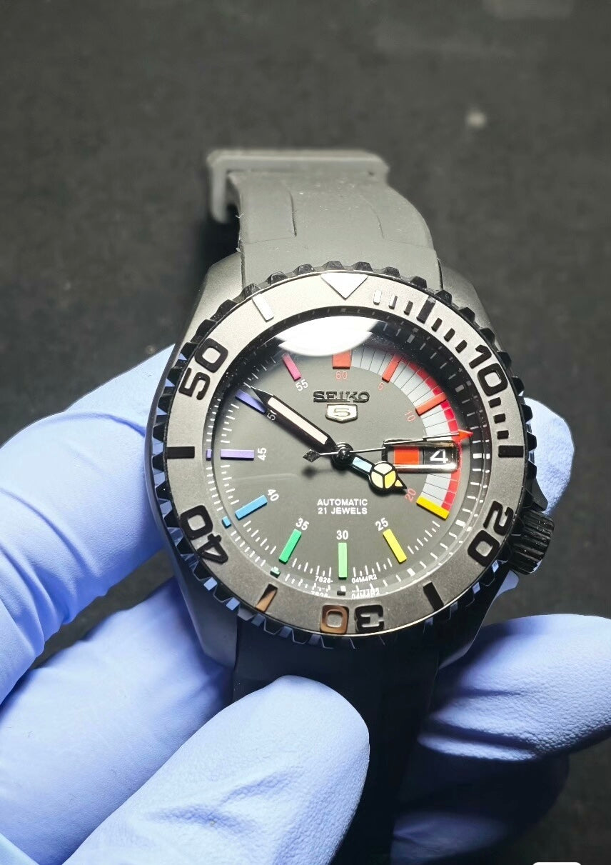 Custom Modified Seiko 5 SKX007 Black Diver Automatic Watch 42mm NH36 Sapphire Crystal Ceramic Bezel 21 Jewels 355-0630
