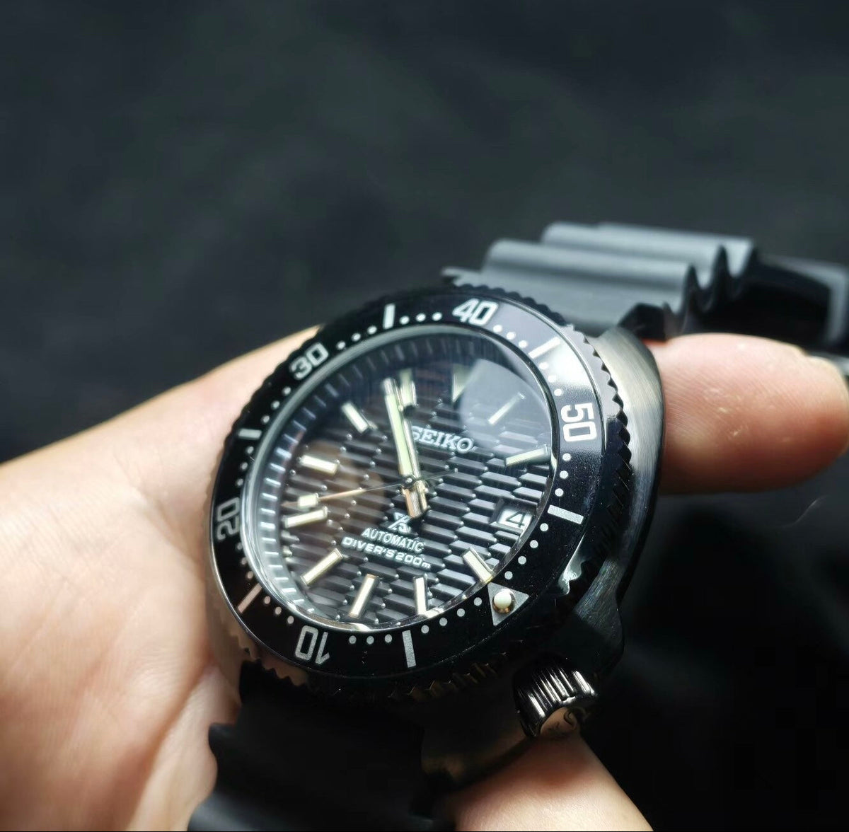 Custom Modified Seiko Diver Automatic Watch 43mm Original NH35 Movement Sapphire Crystal Black 357-0680