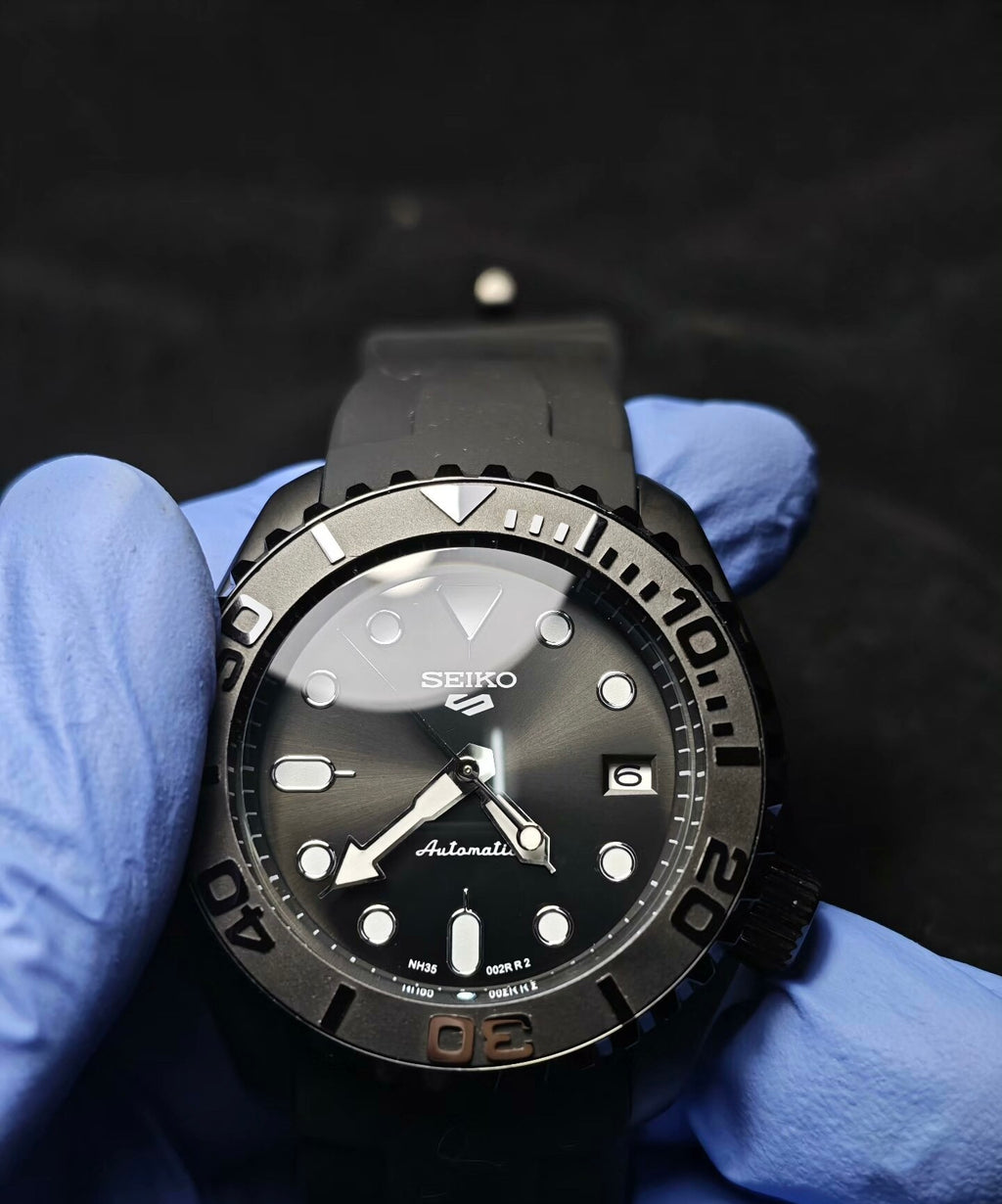 Custom Modified Seiko Black Diver Automatic Watch 42mm NH35 316L Stainless Steel Screw-Down Crown 358-0630
