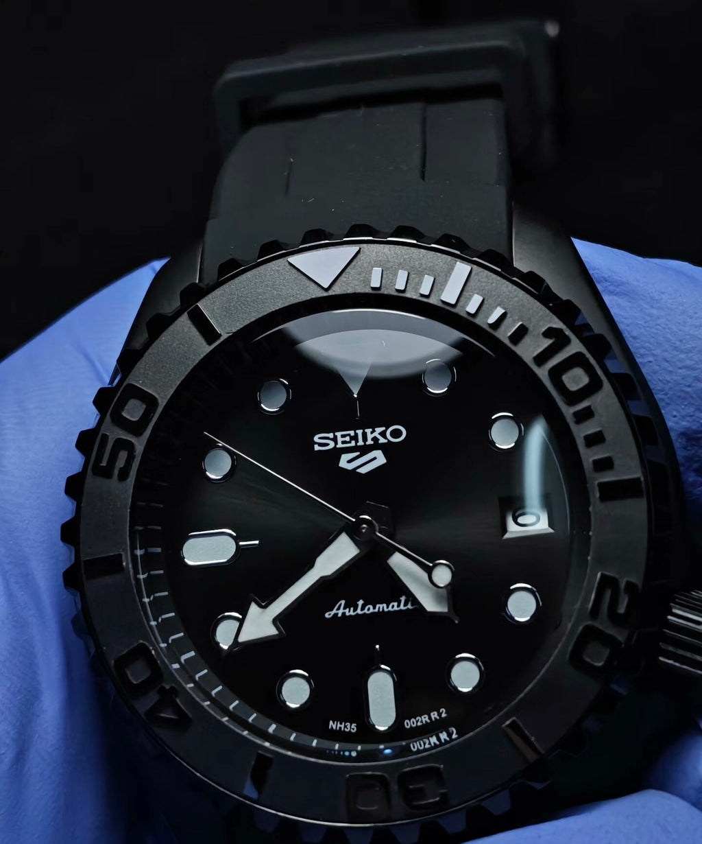 Custom Modified Seiko Black Diver Automatic Watch 42mm NH35 316L Stainless Steel Screw-Down Crown 358-0630