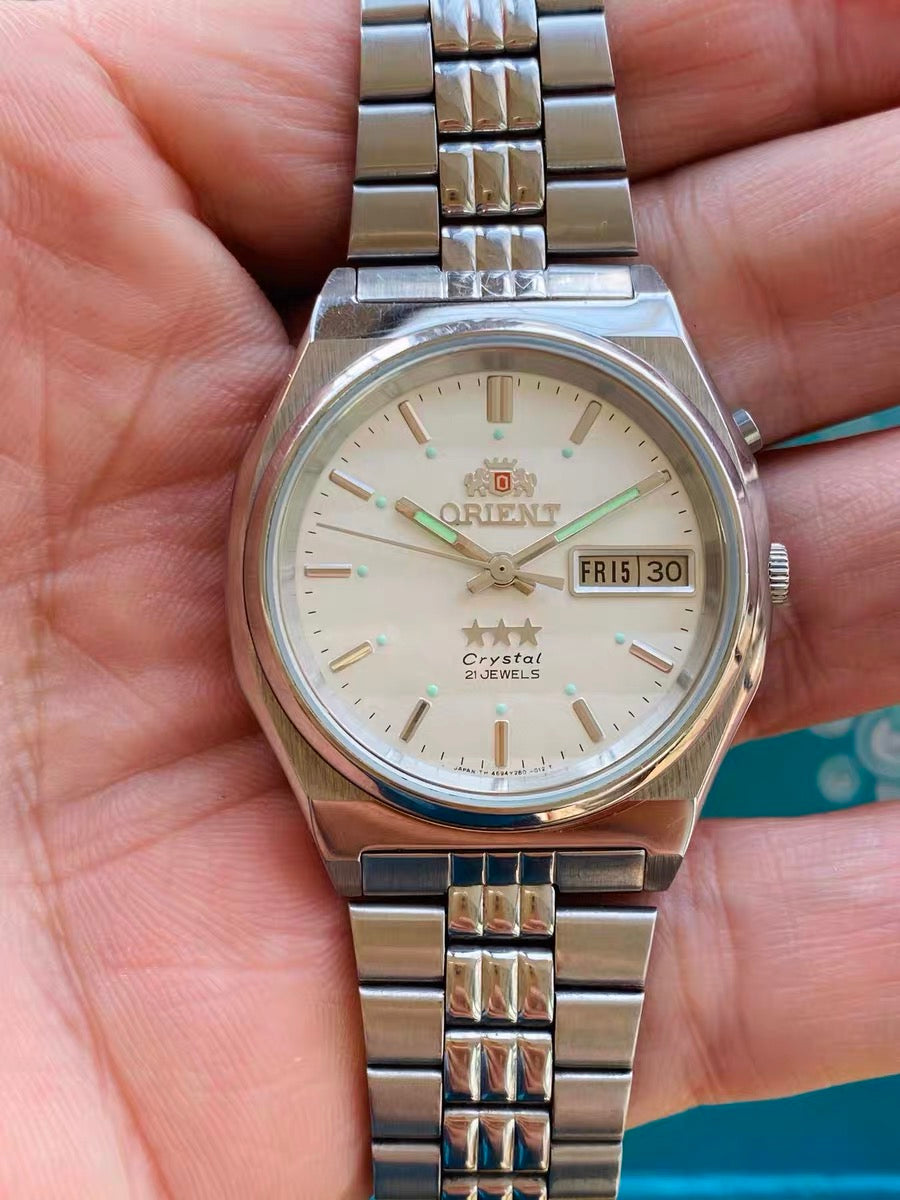 Orient Crystal Automatic Vintage Men's Watch Cal. 46943 Day Date 21 Jewels 35.4mm 1990s 464-0170