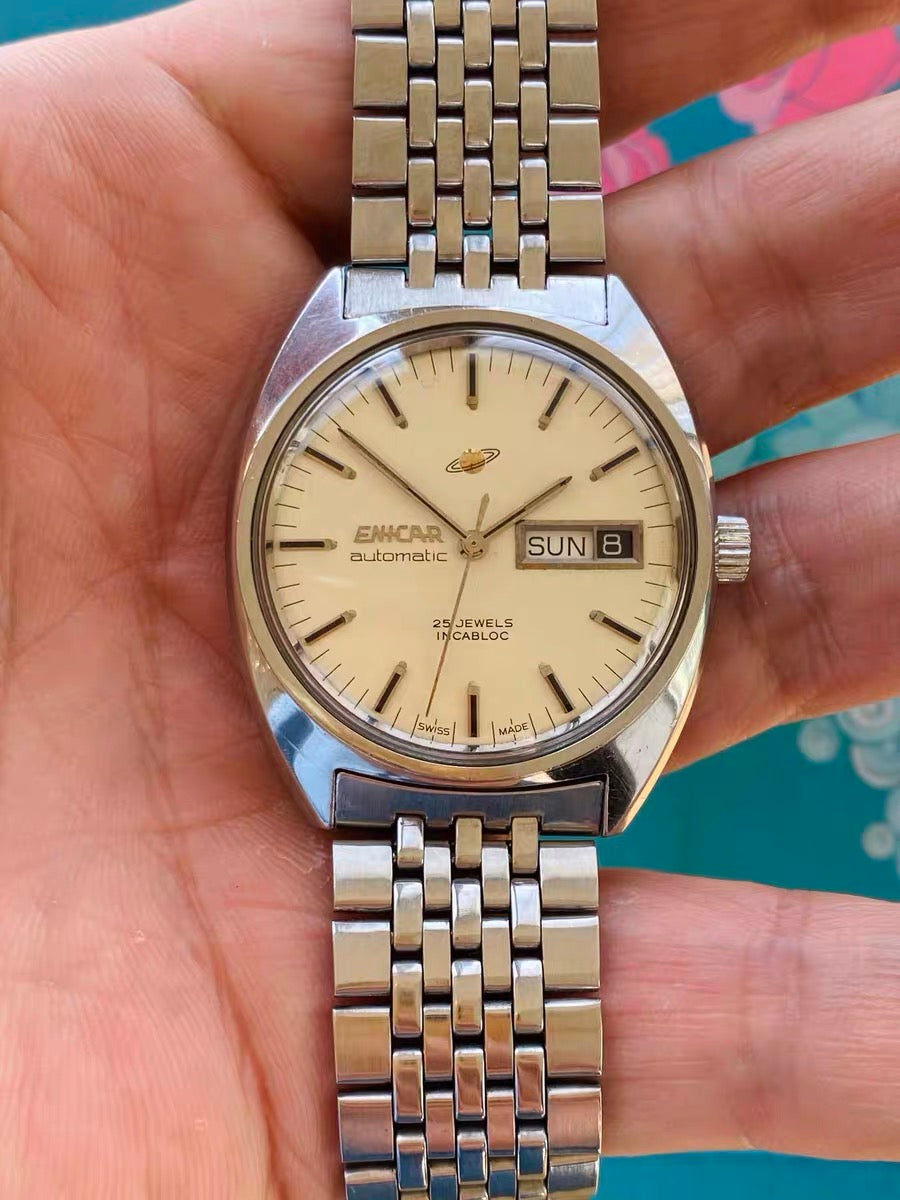 Enicar Swiss Vintage Automatic Watch AR2167 Day Date 25 Jewels 35.5mm 1970s 499-0318