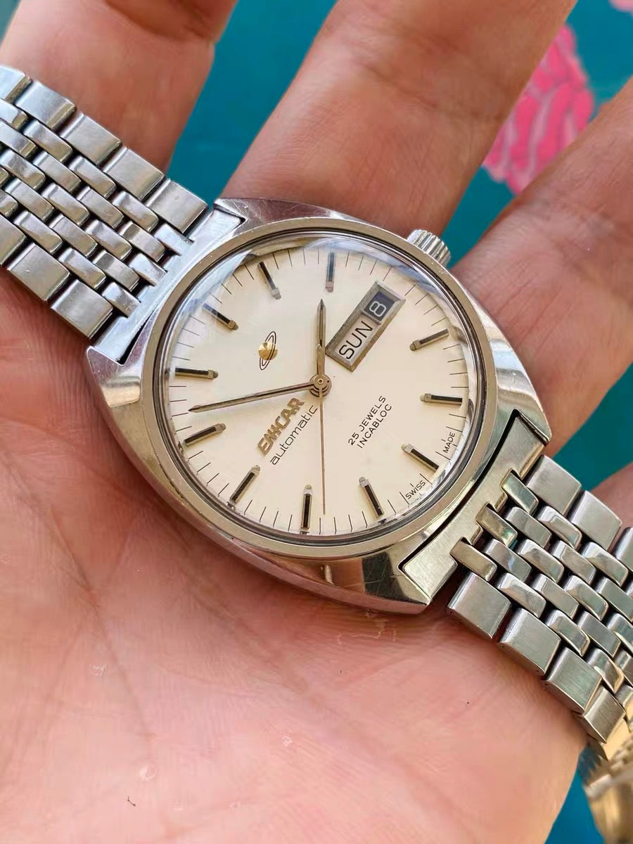 Enicar Swiss Vintage Automatic Watch AR2167 Day Date 25 Jewels 35.5mm 1970s 499-0318