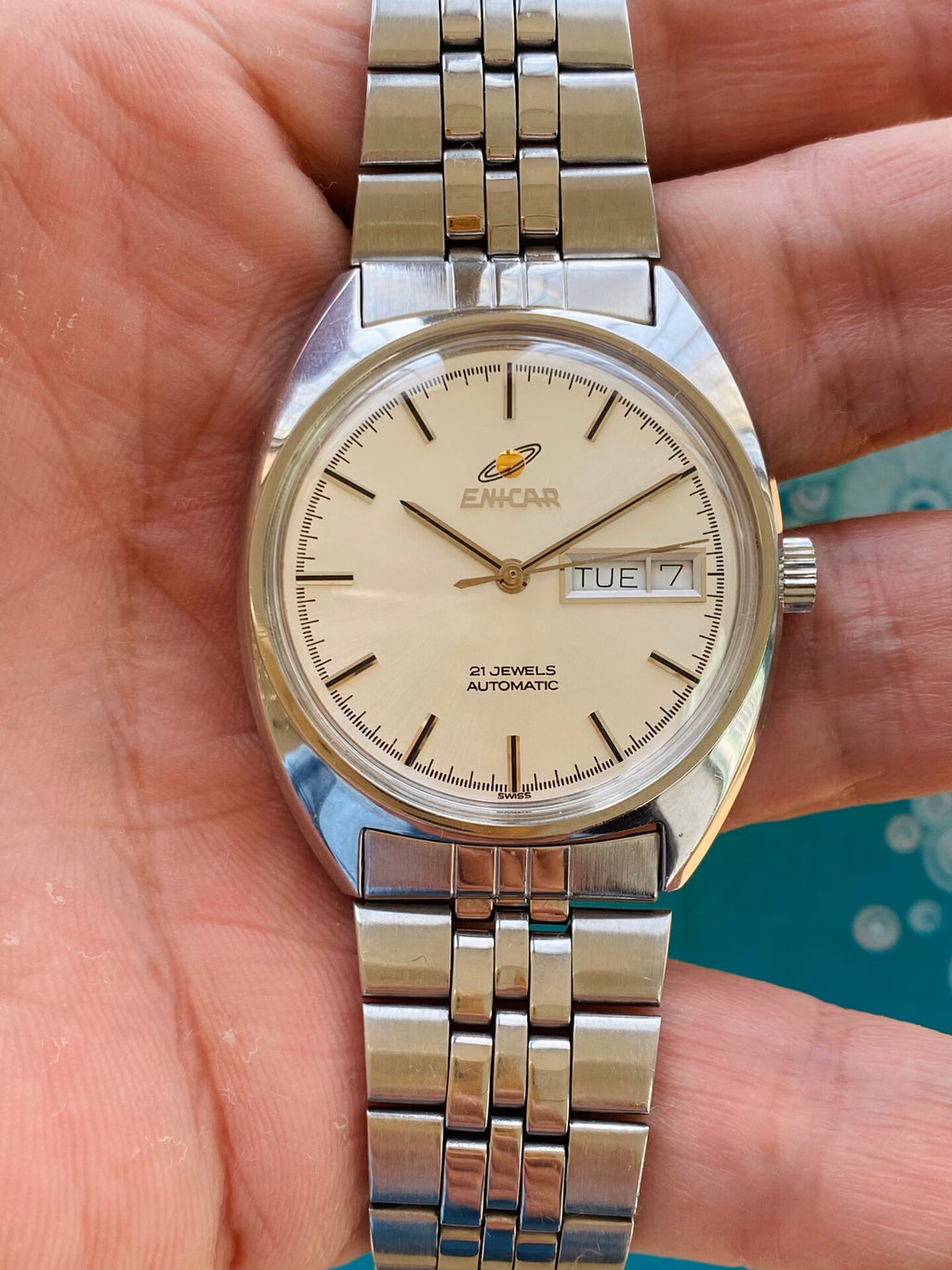 Enicar Swiss Vintage Automatic Watch ETA2846 Day Date 21 Jewels 35mm 1980s 516-0370