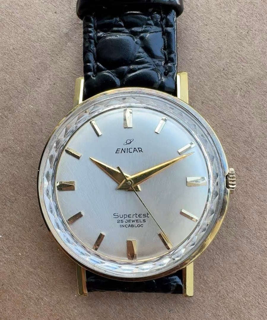 Enicar Swiss Supertest Manual Wind Watch 25 Jewels Incabloc Vintage 35mm Gold Filled Case 549-1120