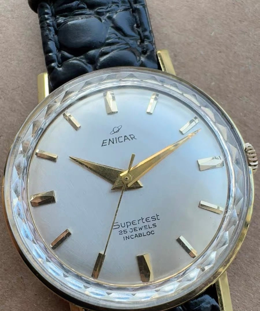 Enicar Swiss Supertest Manual Wind Watch 25 Jewels Incabloc Vintage 35mm Gold Filled Case 549-1120