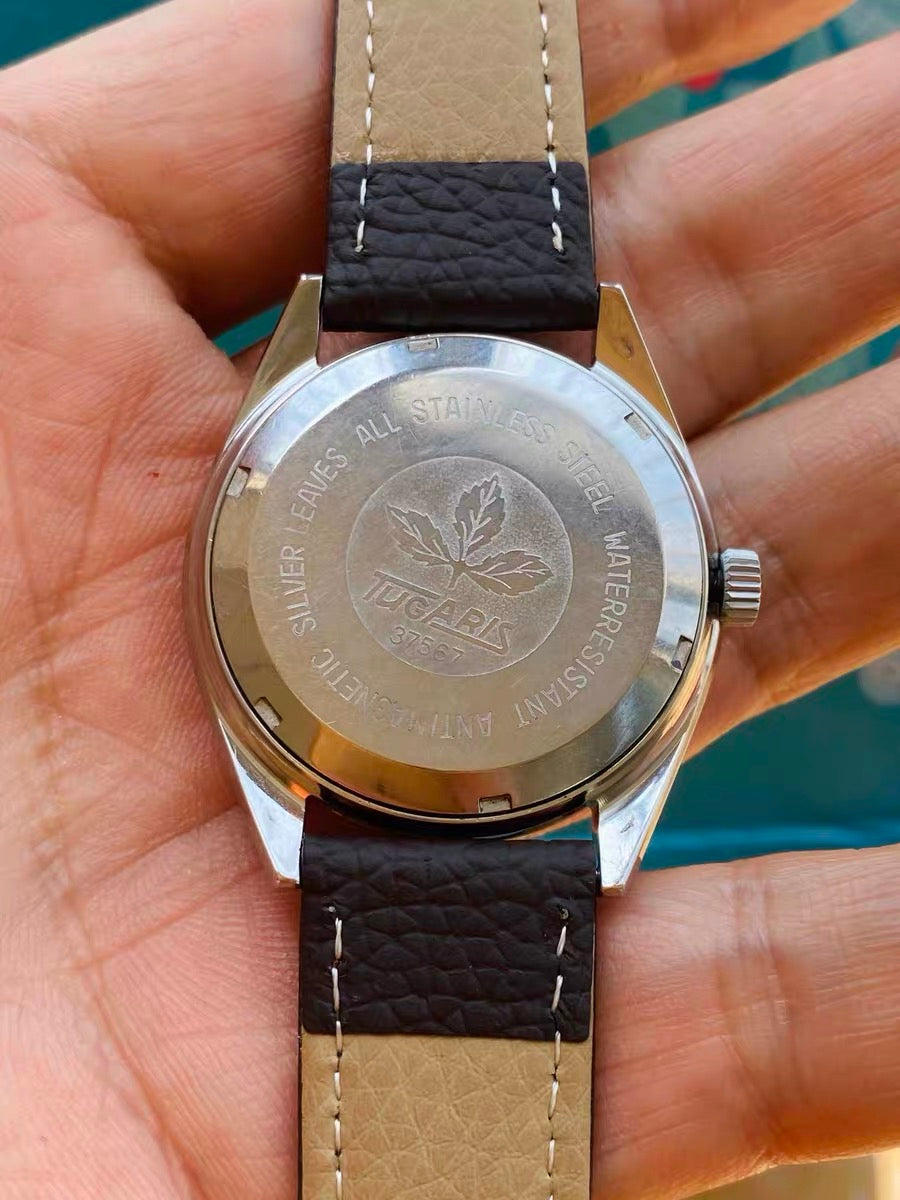Swiss Rare Tugaris Silver Leaves Manual Wind Vintage Men's Watch Cal. 96 17 Jewels 35.8mm 1970s 553-0188