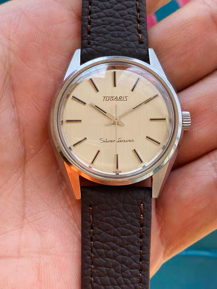 Swiss Rare Tugaris Silver Leaves Manual Wind Vintage Men's Watch Cal. 96 17 Jewels 35.8mm 1970s 553-0188