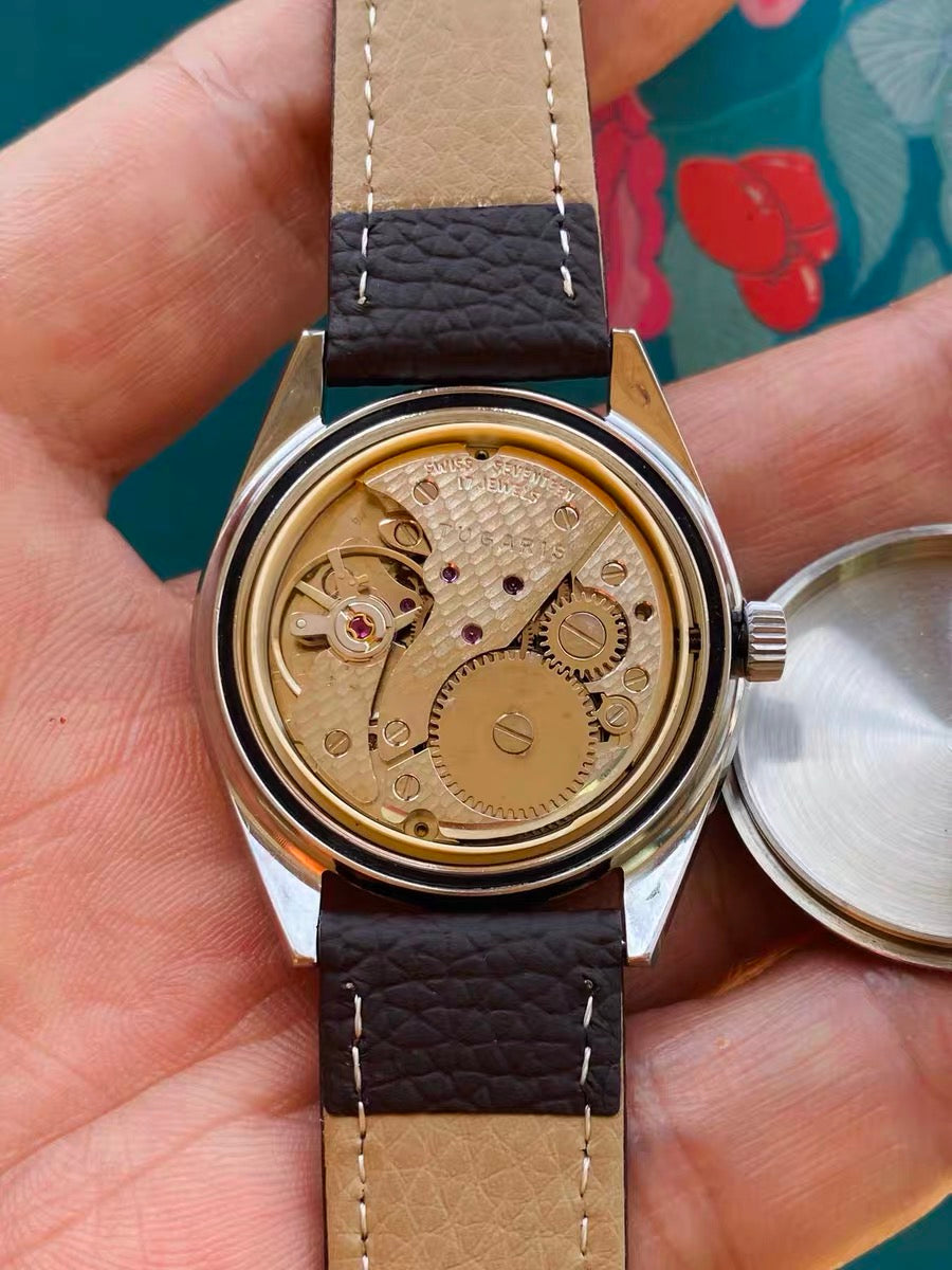 Swiss Rare Tugaris Silver Leaves Manual Wind Vintage Men's Watch Cal. 96 17 Jewels 35.8mm 1970s 553-0188