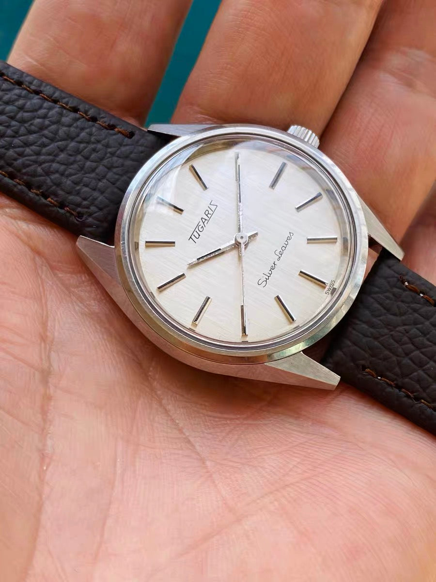Swiss Rare Tugaris Silver Leaves Manual Wind Vintage Men's Watch Cal. 96 17 Jewels 35.8mm 1970s 553-0188