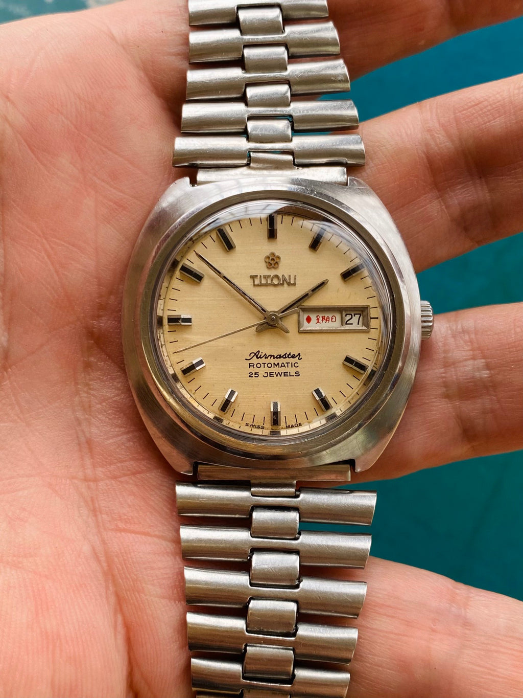 Titoni Swiss Airmaster Rotomatic Automatic Watch Day Date ETA789 1970s 37.5mm Vintage 566-0318