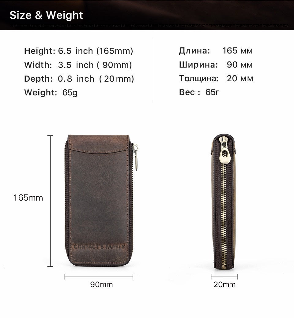 CONTACT'S FAMILY Handmade Crazy Horse Full-Grain Leather Single Watch Travel Case – Premium Distressed Brown Watch Pouch with Zipper & Card Slot