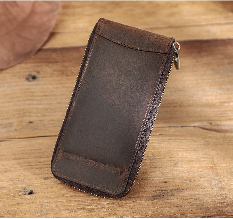 CONTACT'S FAMILY Handmade Crazy Horse Full-Grain Leather Single Watch Travel Case – Premium Distressed Brown Watch Pouch with Zipper & Card Slot