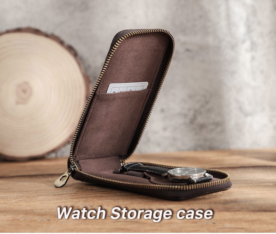 CONTACT'S FAMILY Handmade Crazy Horse Full-Grain Leather Single Watch Travel Case – Premium Distressed Brown Watch Pouch with Zipper & Card Slot