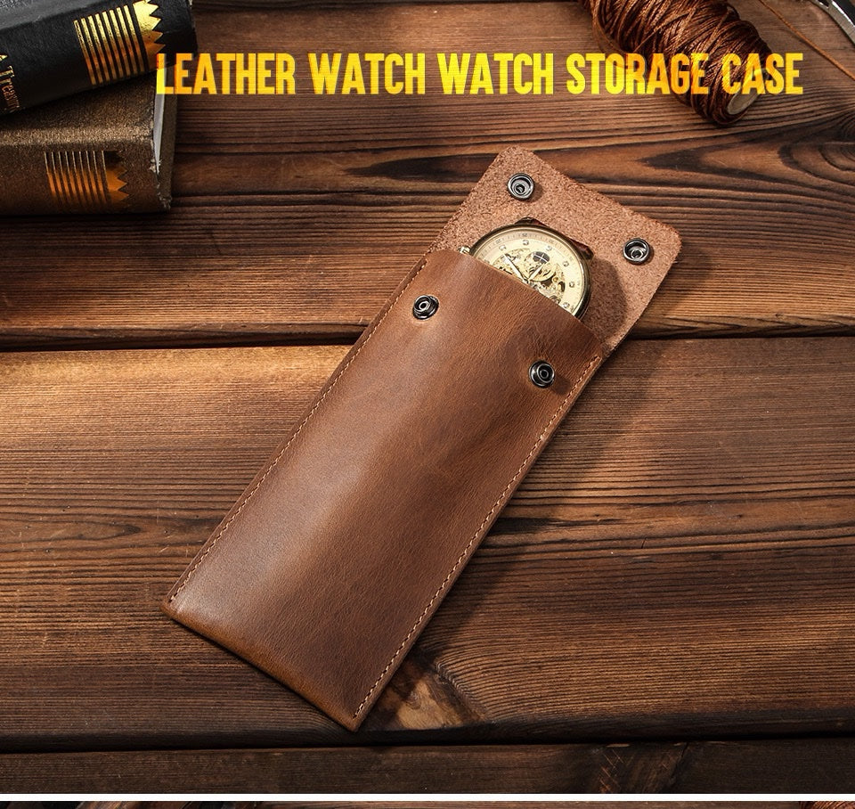 CONTACT'S FAMILY Vintage Genuine Leather Watch Pouch – Slim Portable Travel Watch Storage Sleeve with Dual Snap Hasp Closure