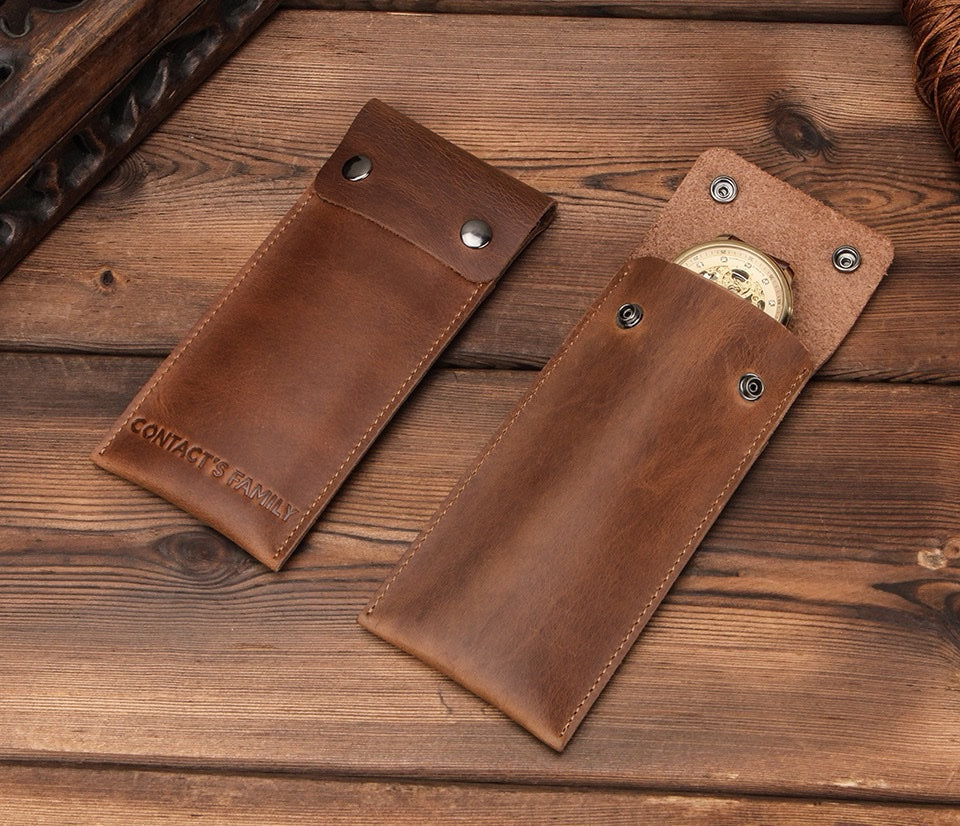 CONTACT'S FAMILY Vintage Genuine Leather Watch Pouch – Slim Portable Travel Watch Storage Sleeve with Dual Snap Hasp Closure