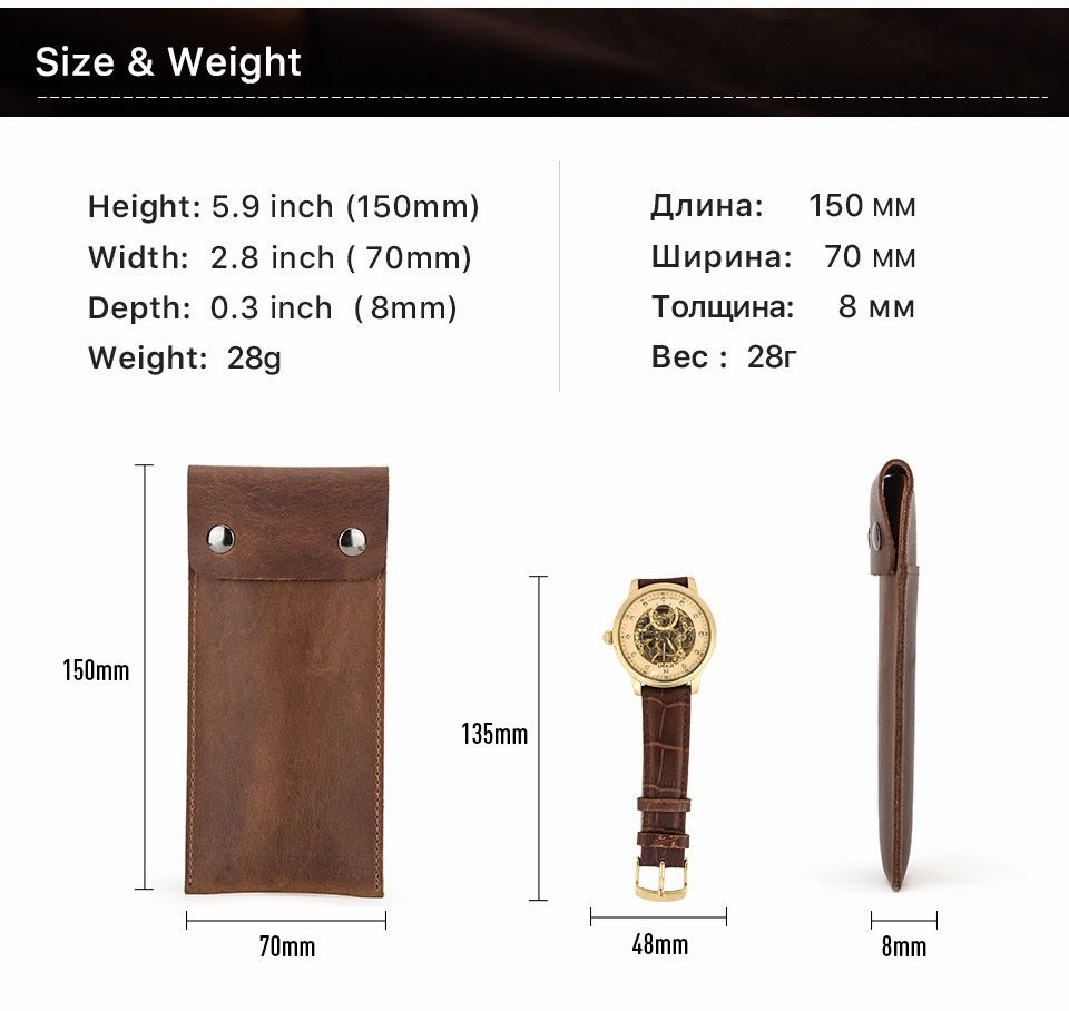 CONTACT'S FAMILY Vintage Genuine Leather Watch Pouch – Slim Portable Travel Watch Storage Sleeve with Dual Snap Hasp Closure