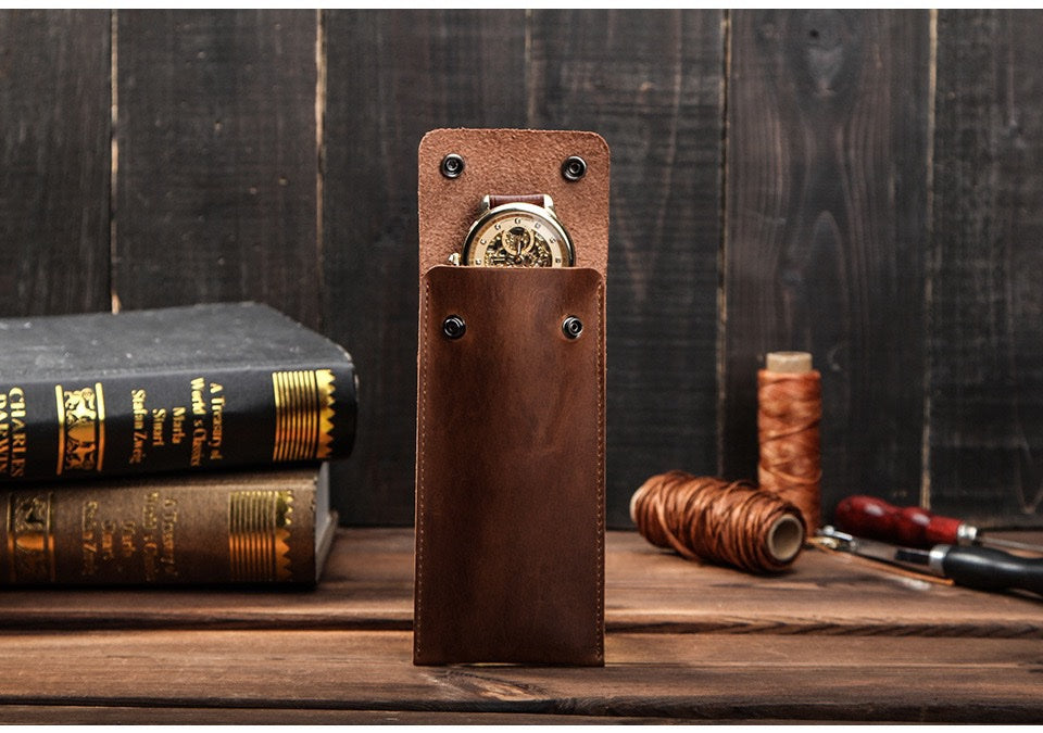 CONTACT'S FAMILY Vintage Genuine Leather Watch Pouch – Slim Portable Travel Watch Storage Sleeve with Dual Snap Hasp Closure