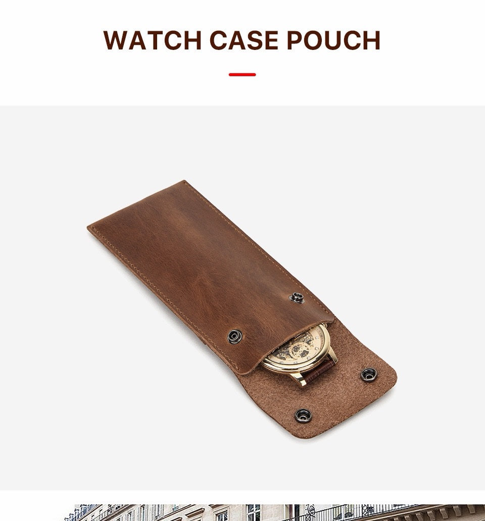 CONTACT'S FAMILY Vintage Genuine Leather Watch Pouch – Slim Portable Travel Watch Storage Sleeve with Dual Snap Hasp Closure