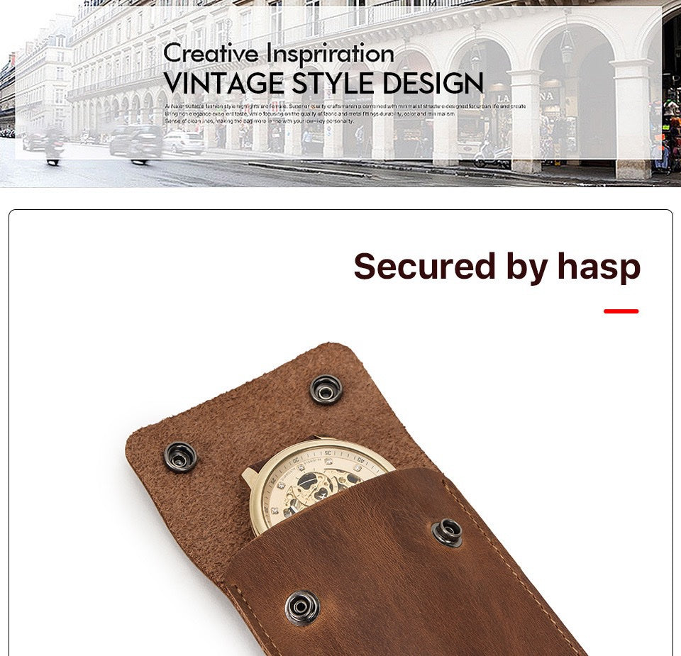 CONTACT'S FAMILY Vintage Genuine Leather Watch Pouch – Slim Portable Travel Watch Storage Sleeve with Dual Snap Hasp Closure