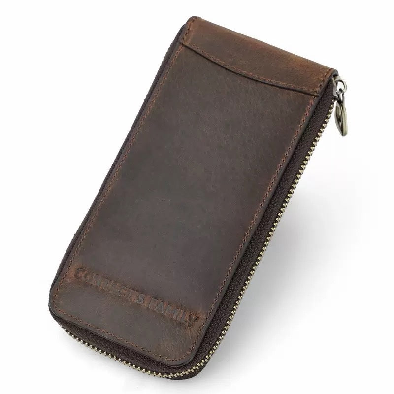CONTACT'S FAMILY Handmade Crazy Horse Full-Grain Leather Single Watch Travel Case – Premium Distressed Brown Watch Pouch with Zipper & Card Slot