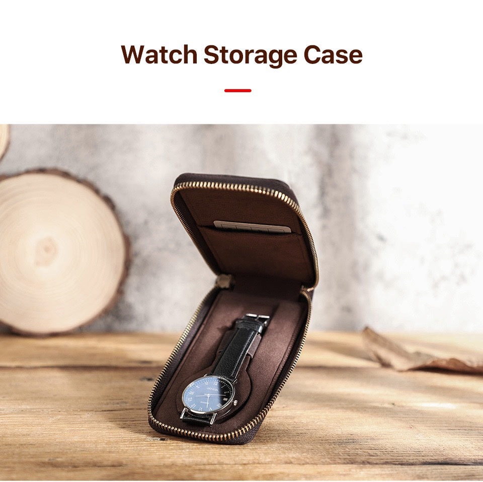 CONTACT'S FAMILY Handmade Crazy Horse Full-Grain Leather Single Watch Travel Case – Premium Distressed Brown Watch Pouch with Zipper & Card Slot
