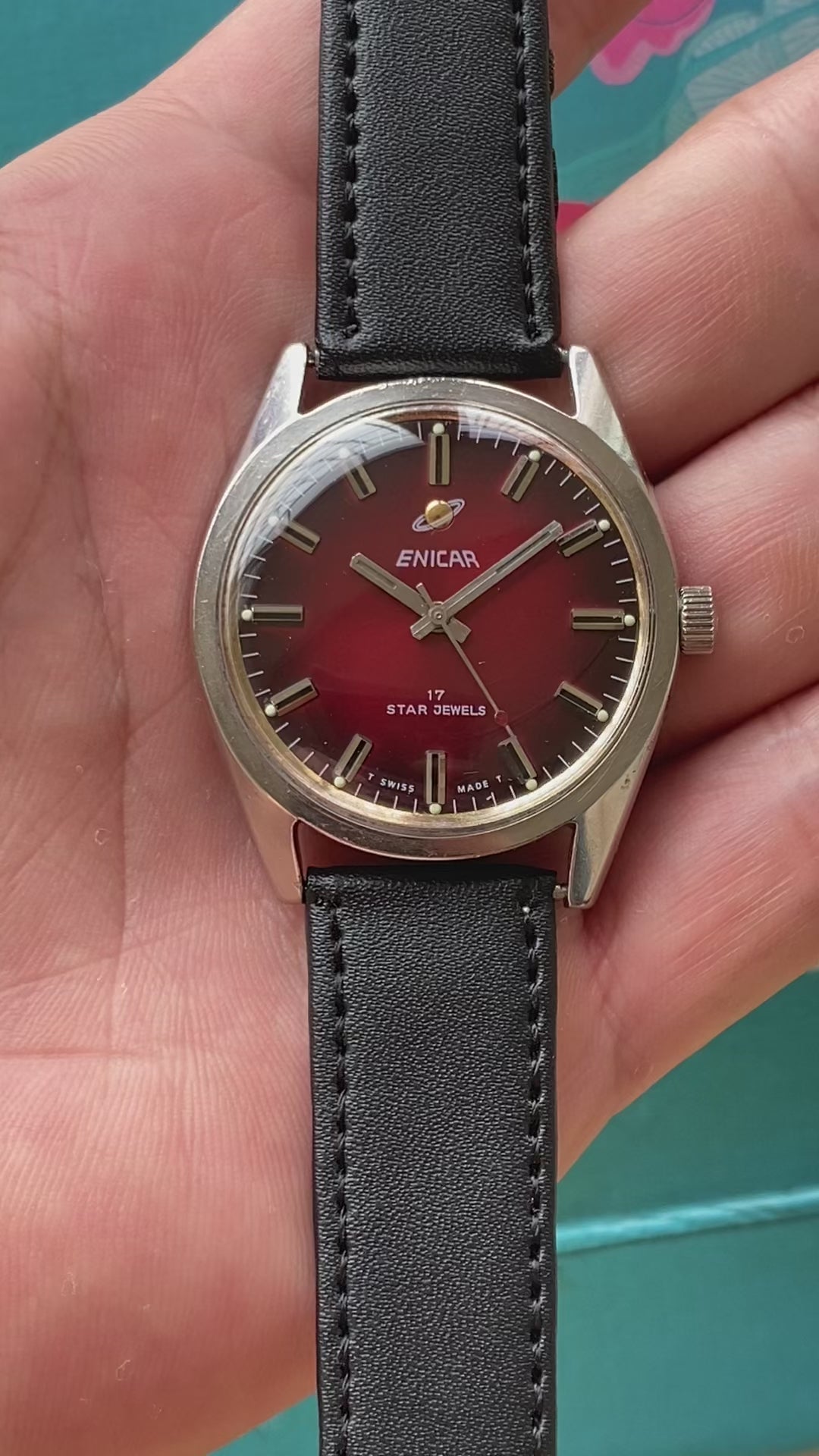 Swiss Enicar Vintage Manual Wind Men's Watch AR160 17 Star Jewels 36mm 1960s Gradient Red Dial 638-0238