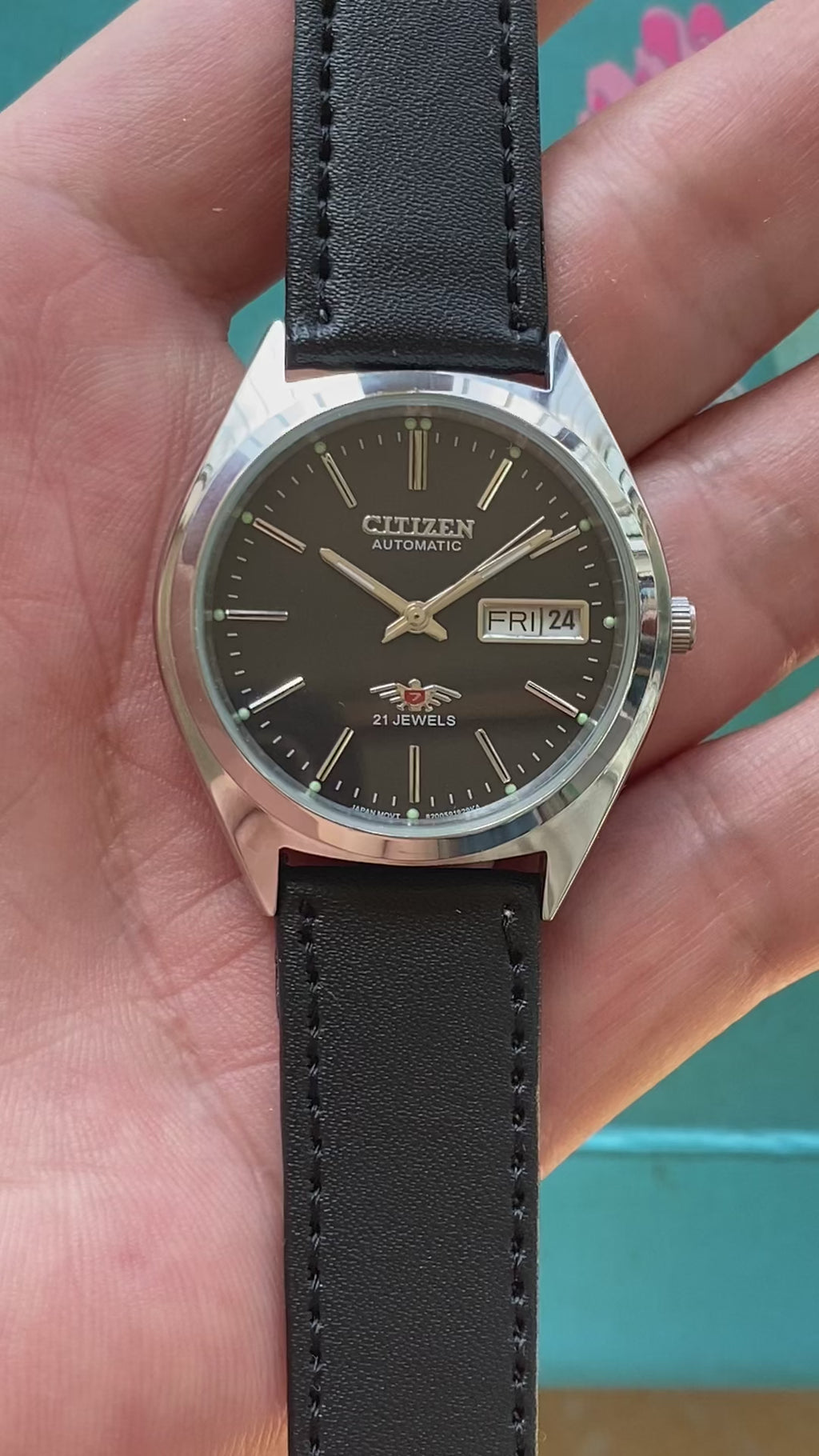 Citizen Automatic Vintage Men's Watch Black Dial 8200 21 Jewels 36mm Day Date Exhibition Caseback 634-0168