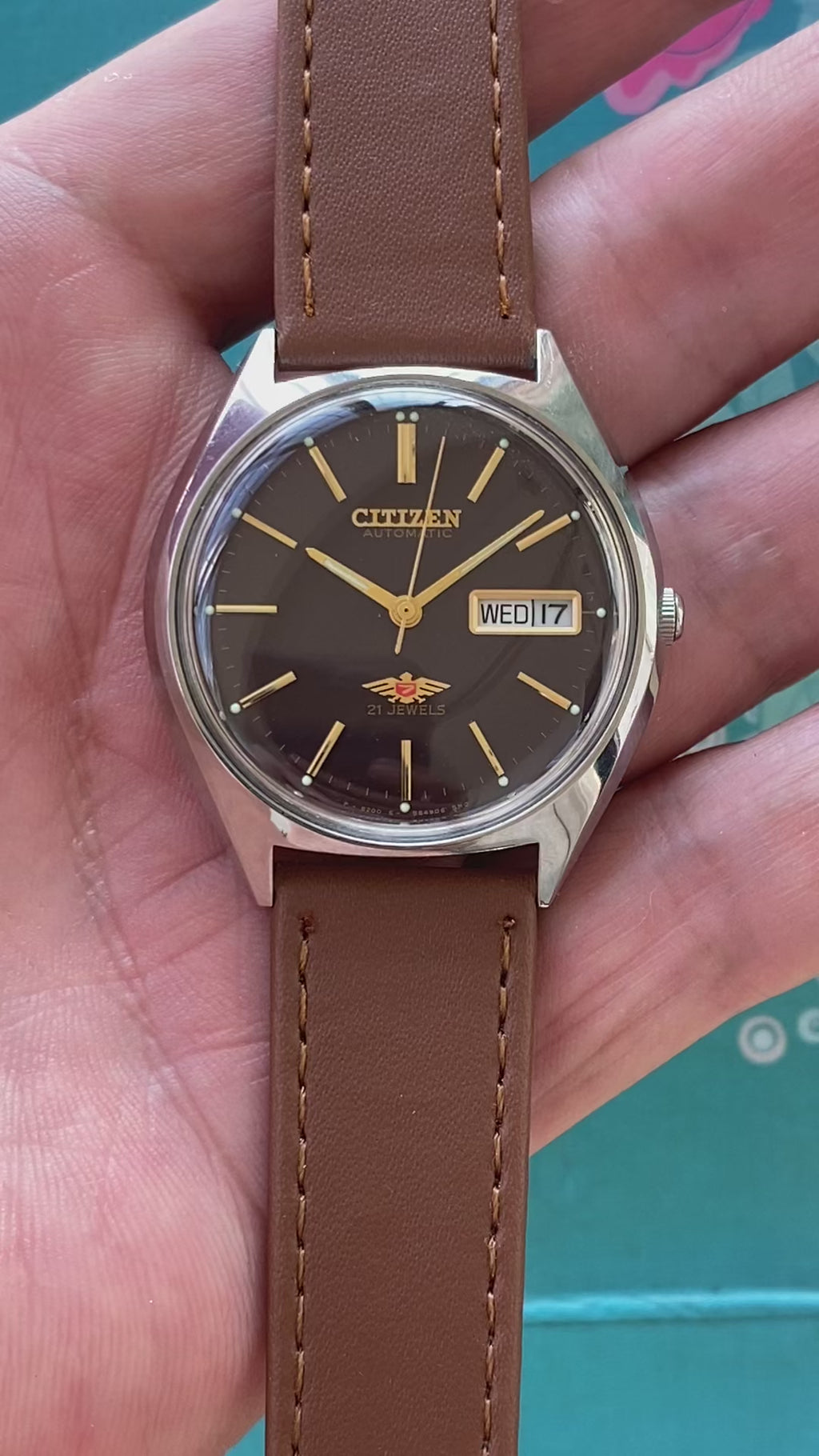 Citizen Automatic Vintage Watch 8200 Day Date 21 Jewels 36mm 1980s Brown Dial 627-0178