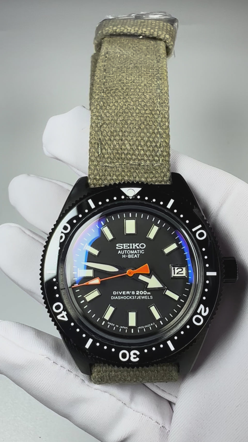 Custom Modified Seiko Automatic Watch 40mm Original Seiko NH35A Movement Black Dial Green Canvas Strap 353-0630
