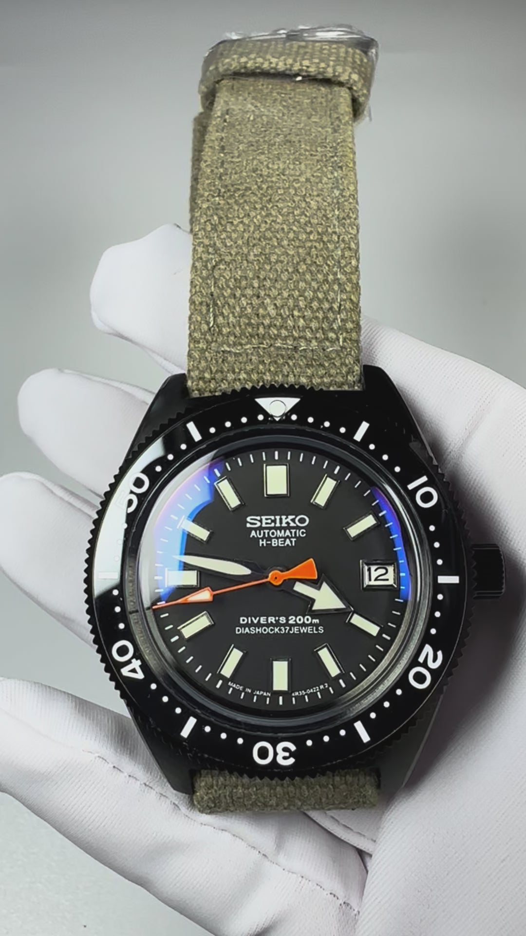 Custom Modified Seiko Automatic Watch 40mm Original Seiko NH35A Movement Black Dial Green Canvas Strap 353-0630